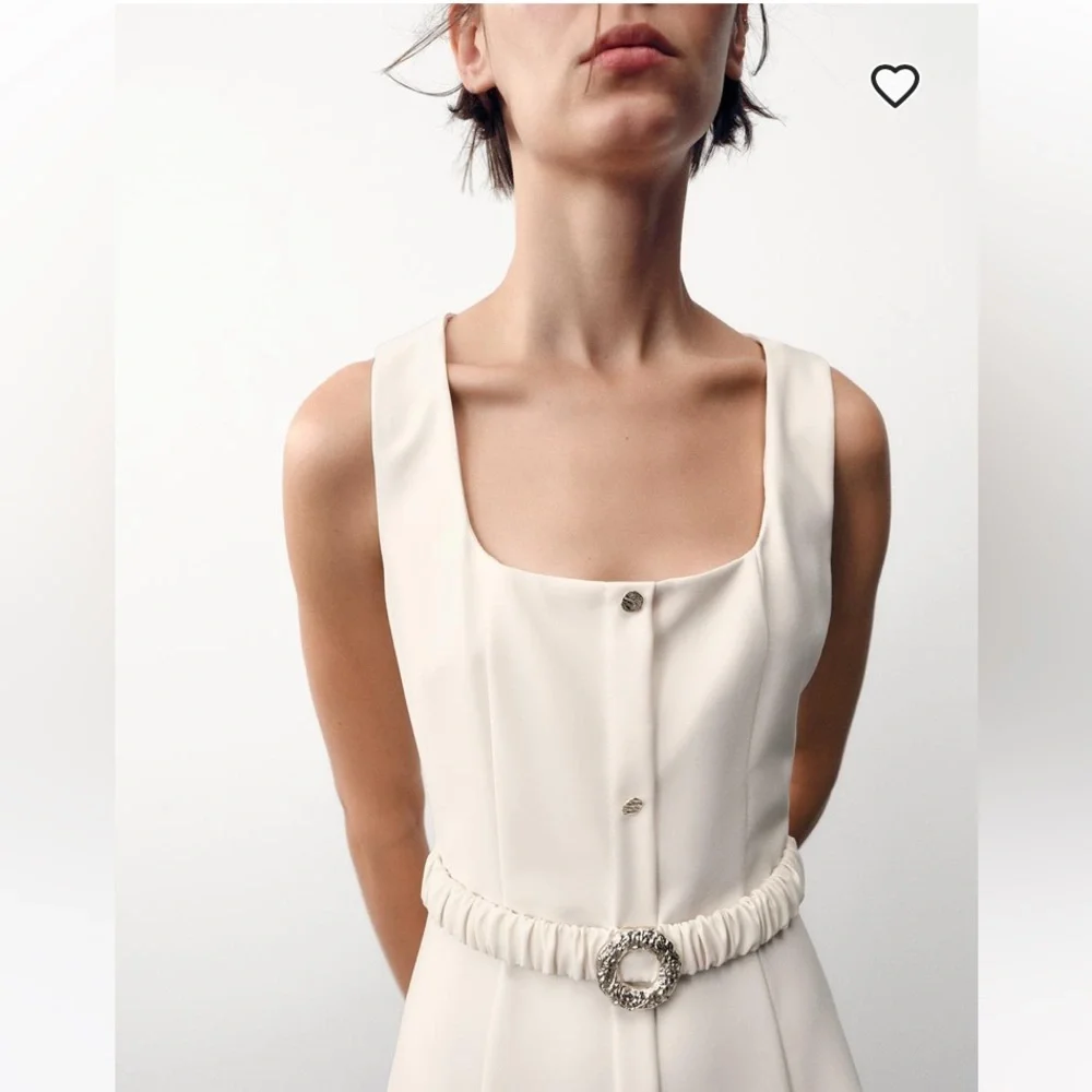 Zara NWT Cream Sleeveless Faux button Midi Dress attached Gold belt size Large - Picture 4 of 12